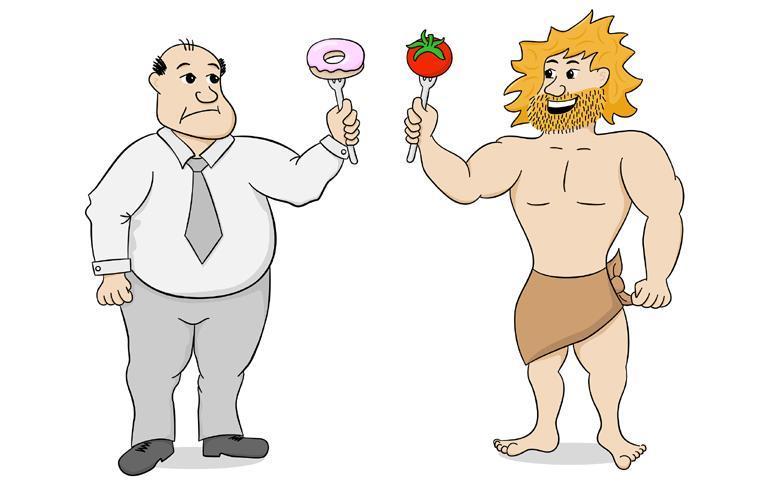 vector illustration of two men with paleo diet and fast food